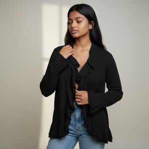 Lafayette‎ 148 New York Black Ruffled Open Front Cardigan Size L